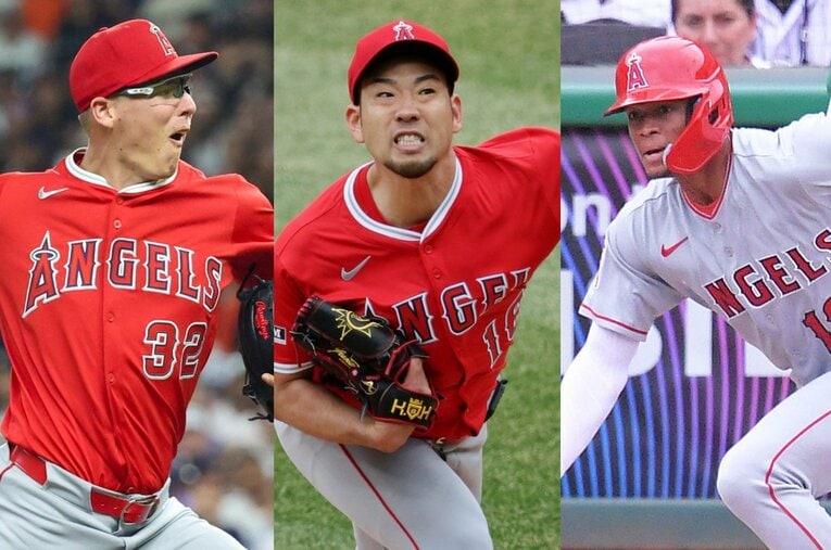 若手のライアン・ジョンソン（左）やカイレン・パリス（右）の活躍に加え、新加入の菊池雄星らベテランの助けもあり好調を維持するエンゼルス ／ photograph by (L)Getty Images、(C)(R)JIJI PRESS
