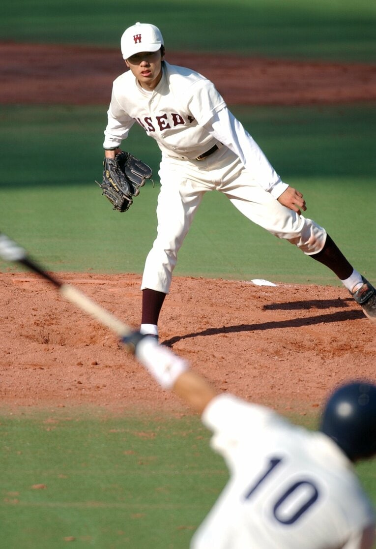 江川卓が持つ記録を抜き、通算444奪三振目を記録した早大時代の和田毅（2002年10月）©︎JIJI PRESS