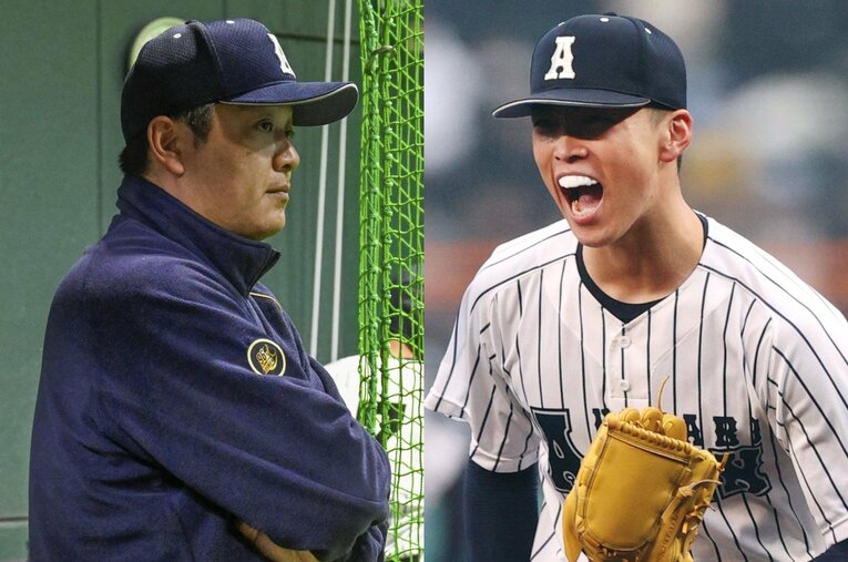 初のセンバツベスト8進出を決めた阿南光の高橋徳監督（左）。プロ注目のエース・吉岡暖（右）も地元の阿南市出身だ ／ photograph by (L)KYODO、(R)JIJI PRESS