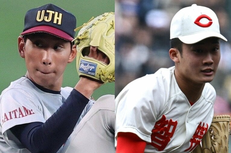 センバツで好投した浦和実業の石戸颯汰と智弁和歌山の渡邉颯人。いずれも球速は150キロに満たないが、強力打線を手玉にとった ／ photograph by (L)JIJI PRESS、(R)Hideki Sugiyama