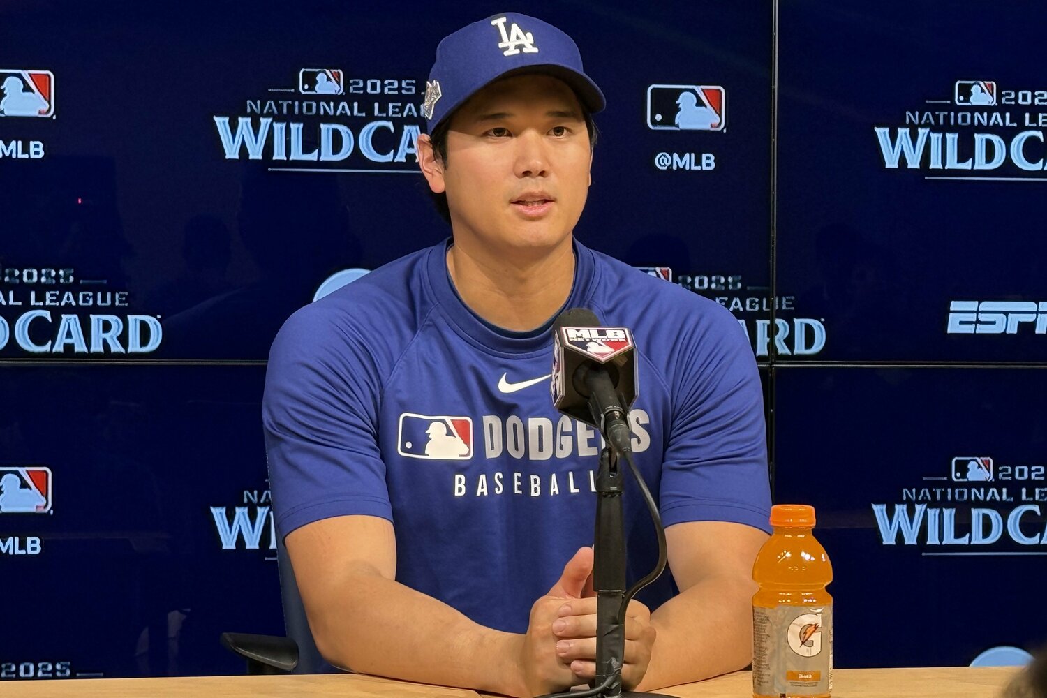 試合後会見に出席した大谷 ©Naoyuki Yanagihara