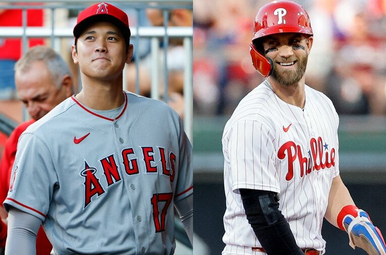 6月3日に初めて対戦したエンゼルスの大谷翔平とフィリーズのハーパー ／ photograph by Getty Images