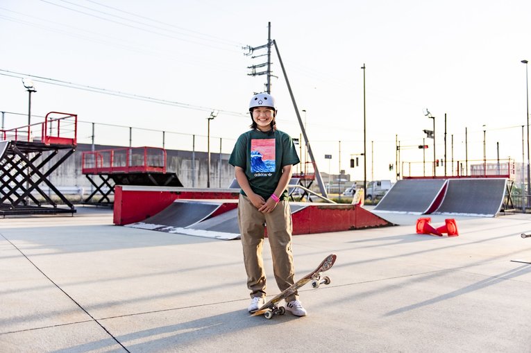 西矢椛14歳。松原中在学中。日本人女性として初の21世紀生まれの五輪金メダリストに。取材は松原市にあるスポーツパークまつばらで行った　©Atsushi Kondo