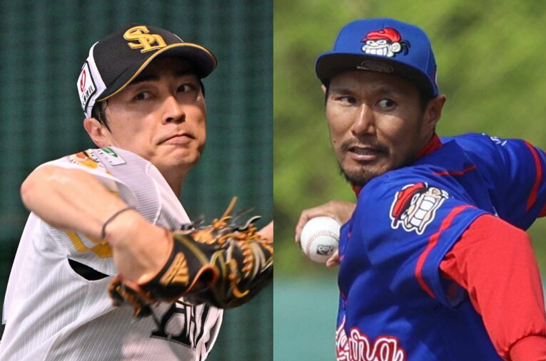 1980年生まれのいわゆる「松坂世代」の和田毅（左）と久保康友。世代最後のNPB選手の引退に、未だ現役を貫く久保は何を思ったのだろうか？ ／ photograph by (L)Hideki Sugiyama、(R)AFLO