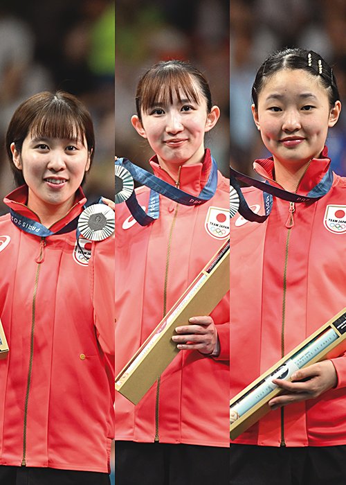パリ五輪・卓球女子団体で銀メダルに輝いた平野、早田、張本（写真左から）