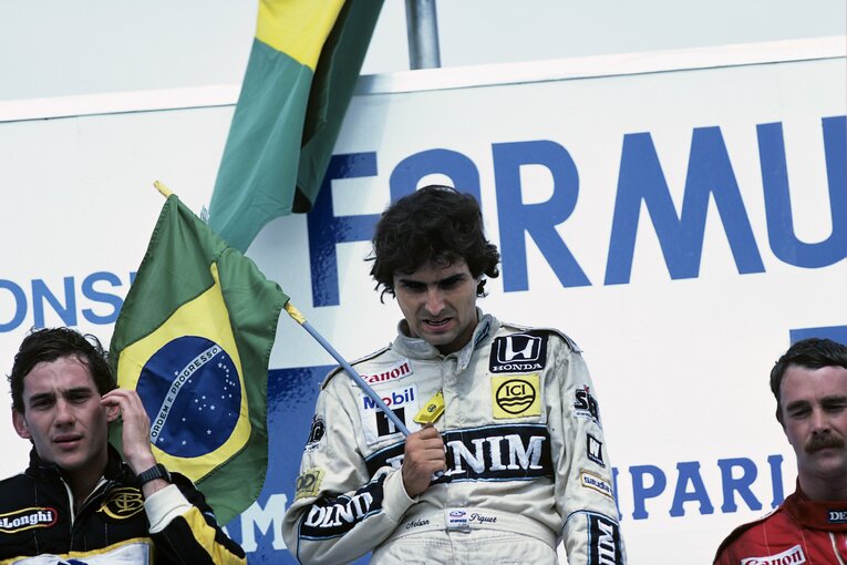 1986年第10戦ドイツGPの表彰台。1位ピケ、2位セナ、3位マンセル　©Getty Images