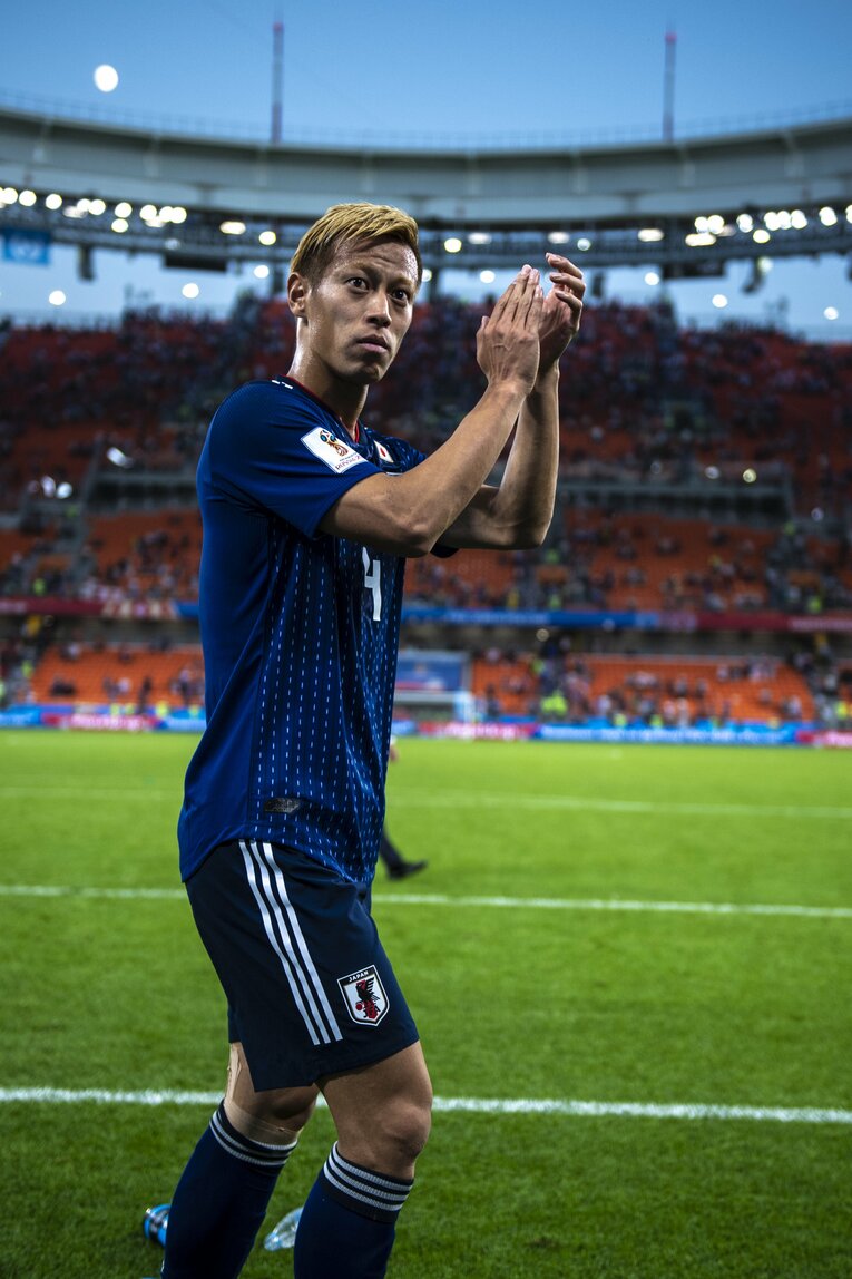 2018年ロシアW杯セネガル戦で日本代表選手最多のW杯通算4点目となるゴールをあげた本田　©︎JMPA