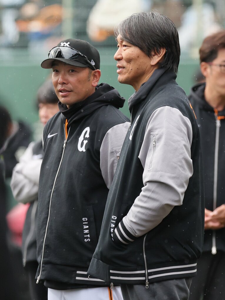 阿部慎之助と松井秀喜のツーショット　©JIJI PRESS