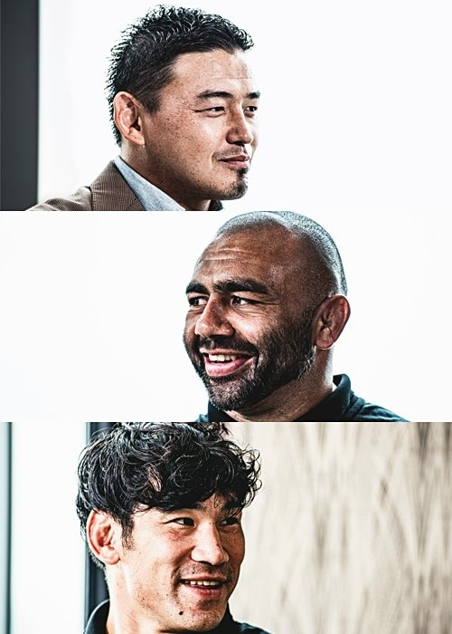 左から中村亮土、五郎丸歩、リーチ マイケル