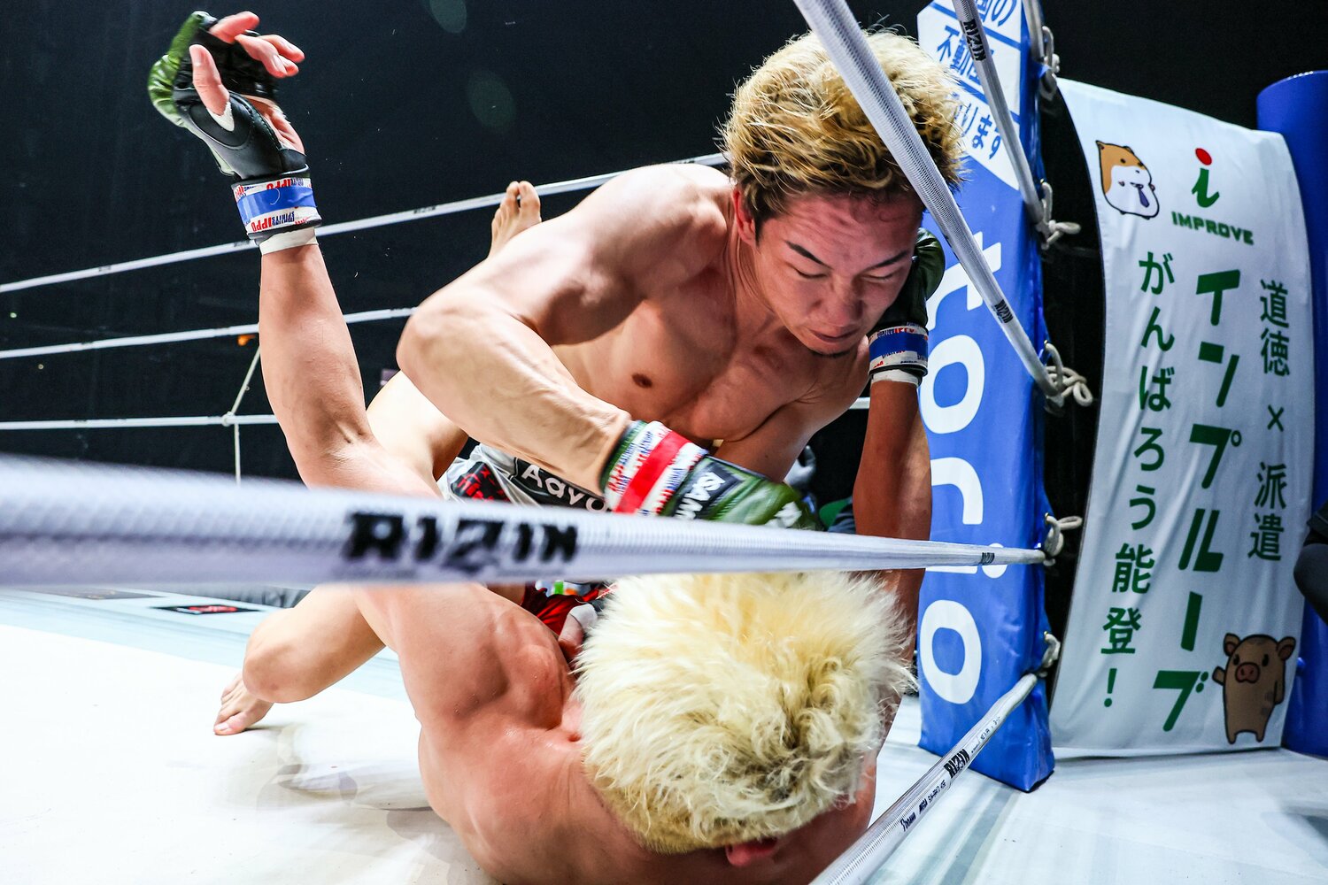 朝倉未来のパウンド。グラウンドでトップをキープして試合の主導権を握った ©RIZIN FF Susumu Nagao