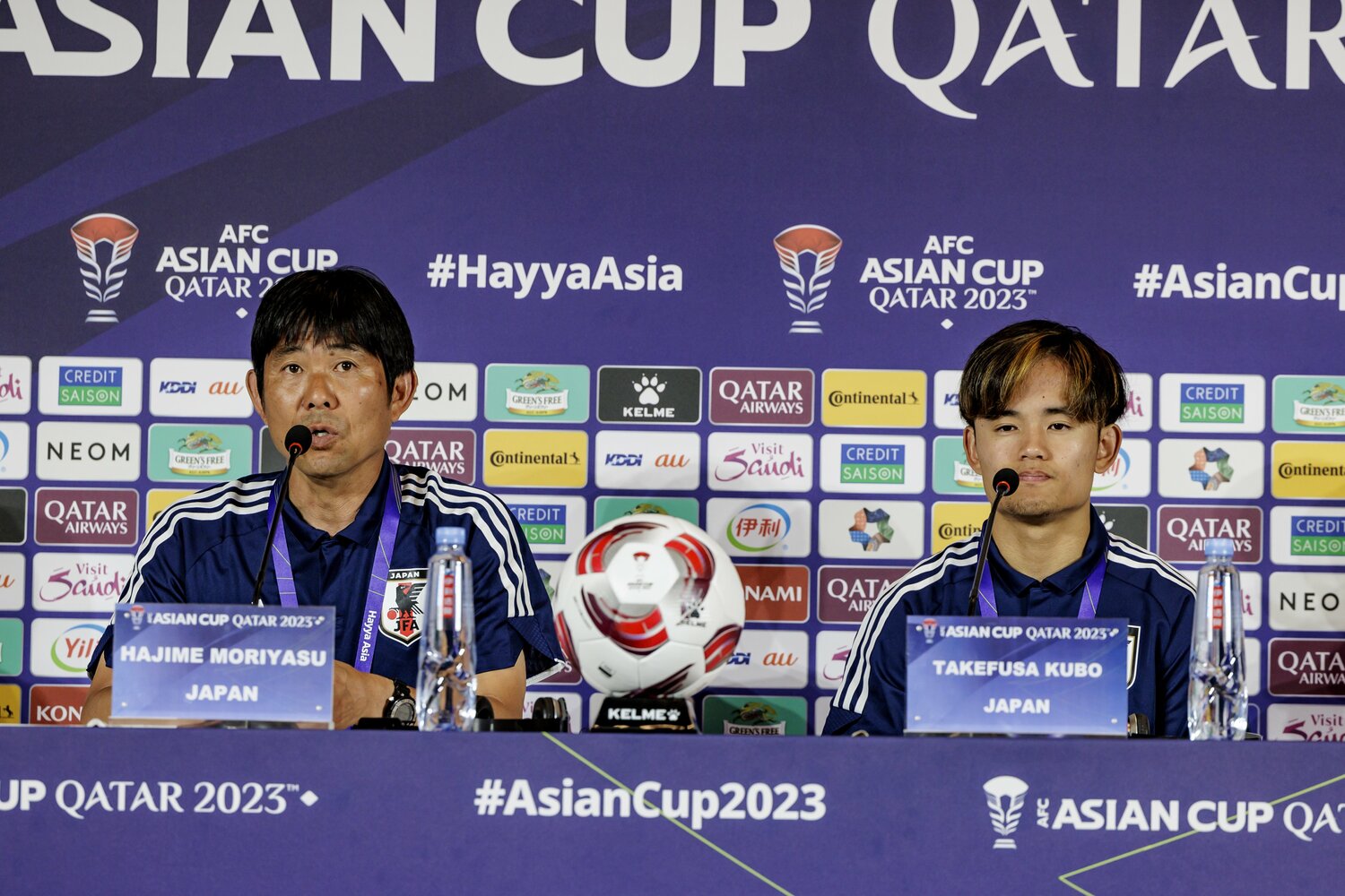 バーレーン戦前日会見の森保監督と久保建英　©Kiichi Matsumoto