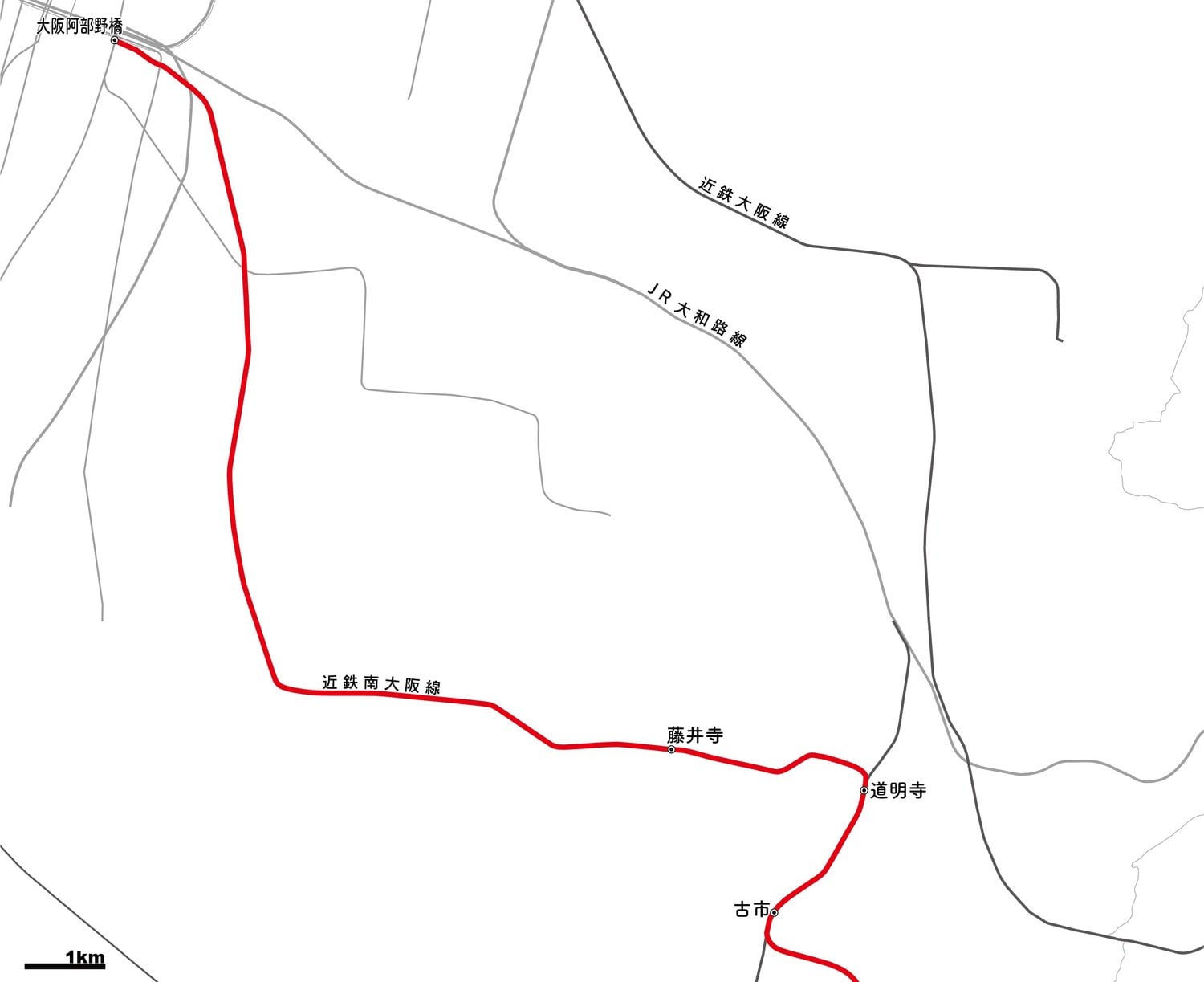 藤井寺駅までの路線図。大阪阿部野橋駅から藤井寺駅は準急で15分弱