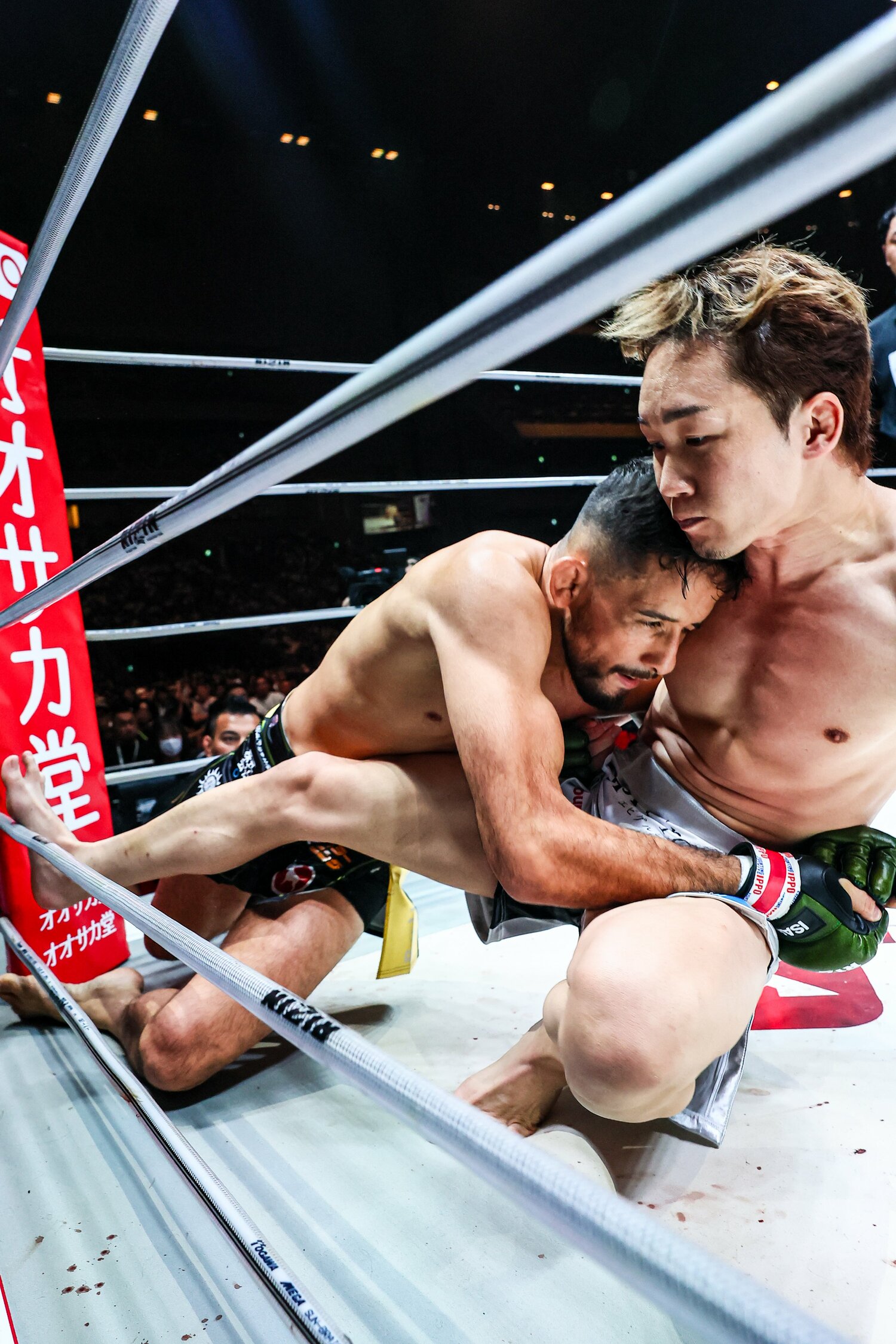 テイクダウンを狙うクレベルだが朝倉も背中をマットにつけず粘りを見せる ©RIZIN FF Susumu Nagao