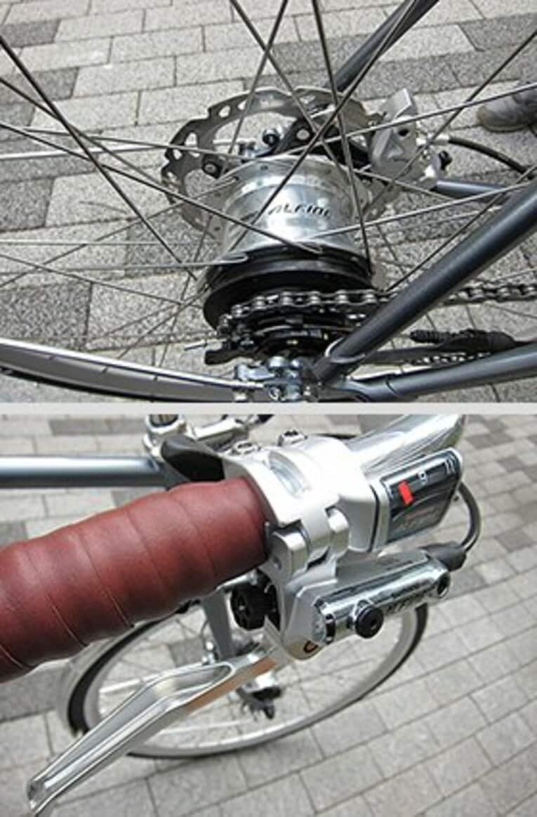 内装タイプの変速機の外観。変速時の衝撃と音がほとんど無く……とにかく凄い！　下の写真は、ラピッドファイヤー形式のシフトレバー。ギアチェンジも楽々です