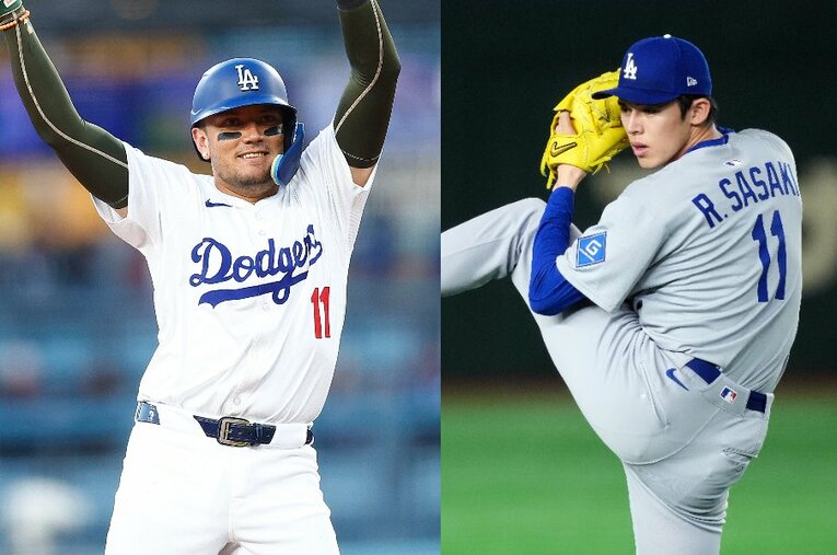 ドジャースで自身がつけていた背番号11を佐々木朗希（右）に譲ったミゲル・ロハス（左）が、その理由を明かした ／ photograph by Getty Images