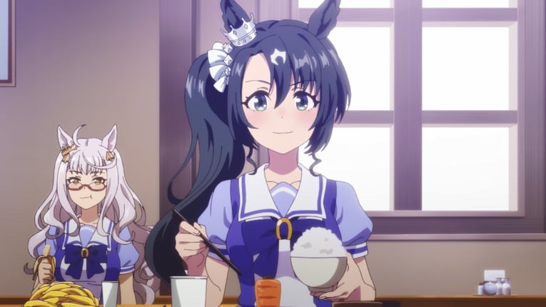 後ろでバナナをしっかり食べるビワハヤヒデ（左）　©2023 アニメ「ウマ娘 プリティーダービー Season 3」製作委員会