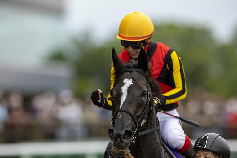 鞍上の池添謙一はウイニングランで力強くガッツポーズ　©Photostud
