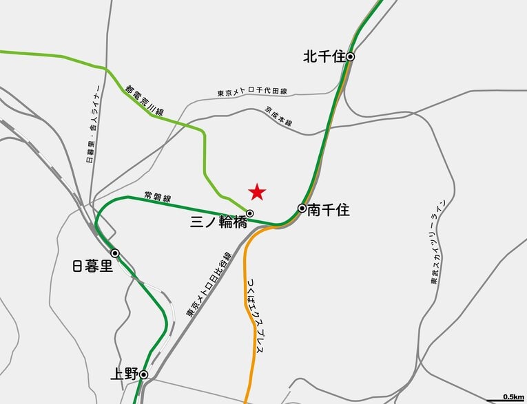 東京スタジアム跡地（赤い星印）周辺の路線図