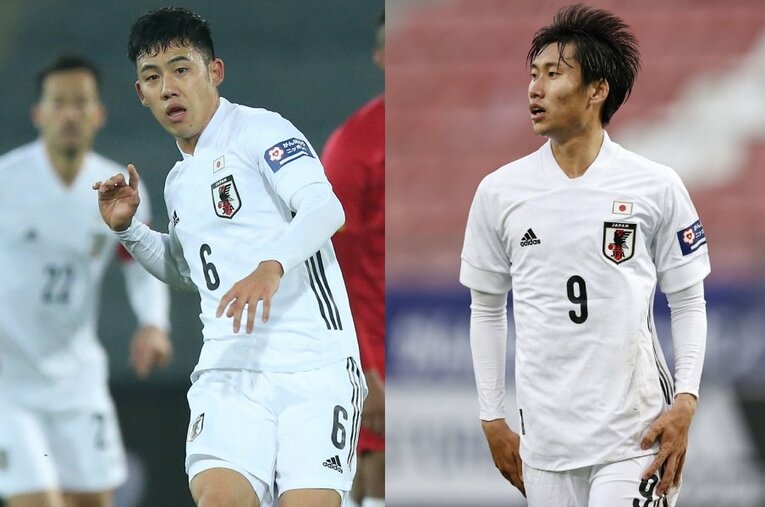 ボール奪取に加えてプレービジョンも向上した遠藤航（左）と、ゲームメイク能力を有する鎌田大地。このダブルボランチを試してみる価値はあるのでは？ ／ photograph by JFA／Getty Images