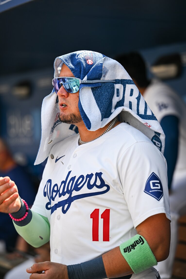 【テレビに映らないドジャース名場面】タオルをかぶったところ……（写真は右に続きます） ©Nanae Suzuki