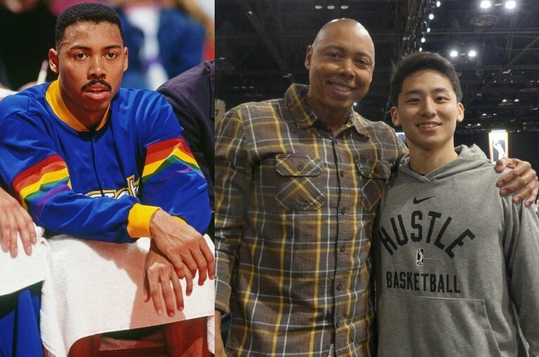 現役時代はNBAでプレーしたバスケットボール女子日本代表HCのコーリー・ゲインズ（1990年撮影）。右の写真は昨年、河村勇輝の視察に訪れた際のもの ／ photograph by NBAE via Getty Images,Yoko Miyaji