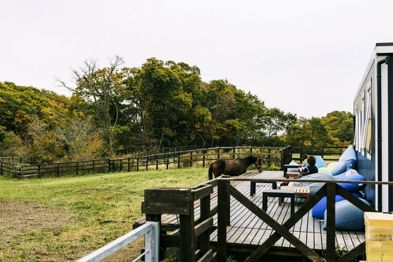 カフェのテラス席からも馬を間近で見ることができる　©Kiichi Matsumoto
