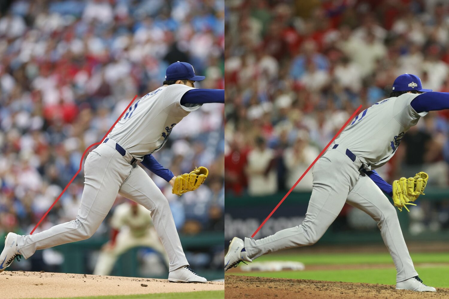 左が4月、右が10月。お尻を引く動きが修正され、体重がしっかりと乗るように　©Yukihito Taguchi(2)