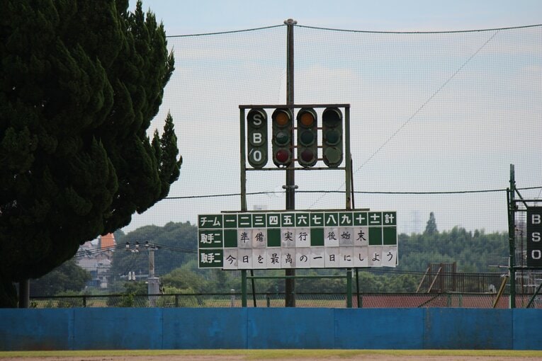 現在の取手二グラウンドのスコアボード。「準備　実行　後始末」　©Katsuharu Uchida