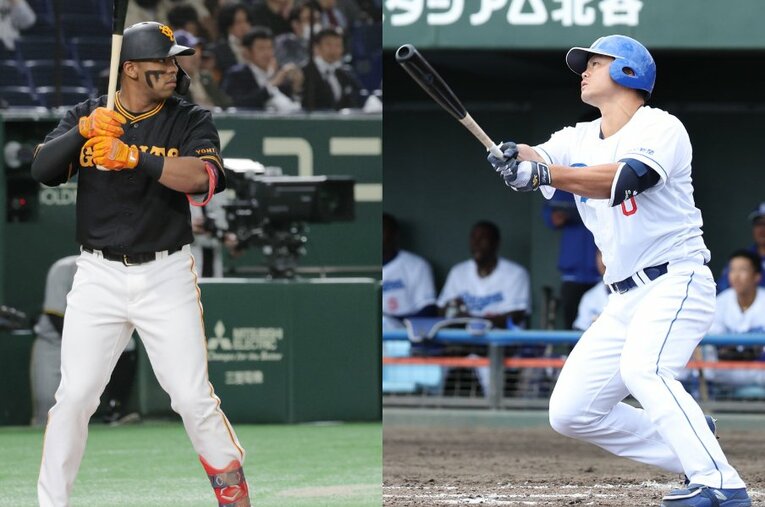 巨人の1番打者に定着したオコエ（左）と、3割を超える打率で活躍する中日の細川。ともに現役ドラフトで新天地に移籍した選手だ ／ photograph by JIJI PRESS