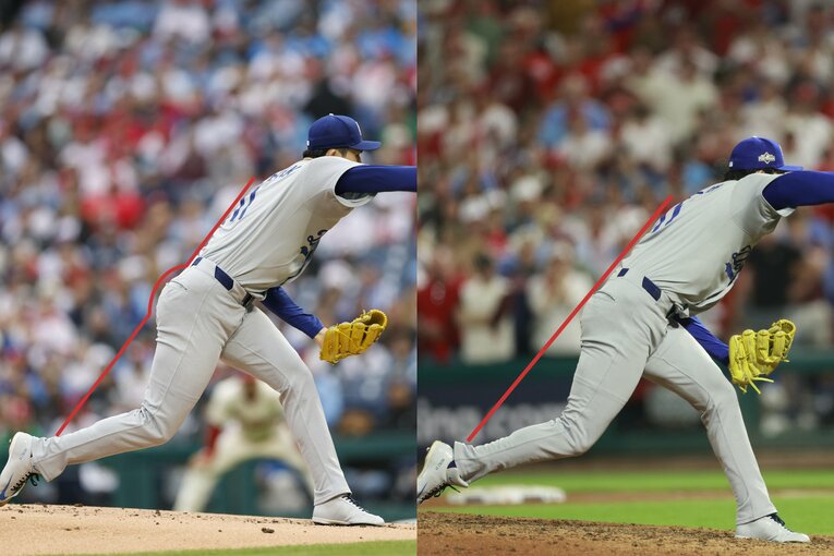 左が4月、右が10月。お尻を引く動きが修正され、体重がしっかりと乗るように　©Yukihito Taguchi(2)