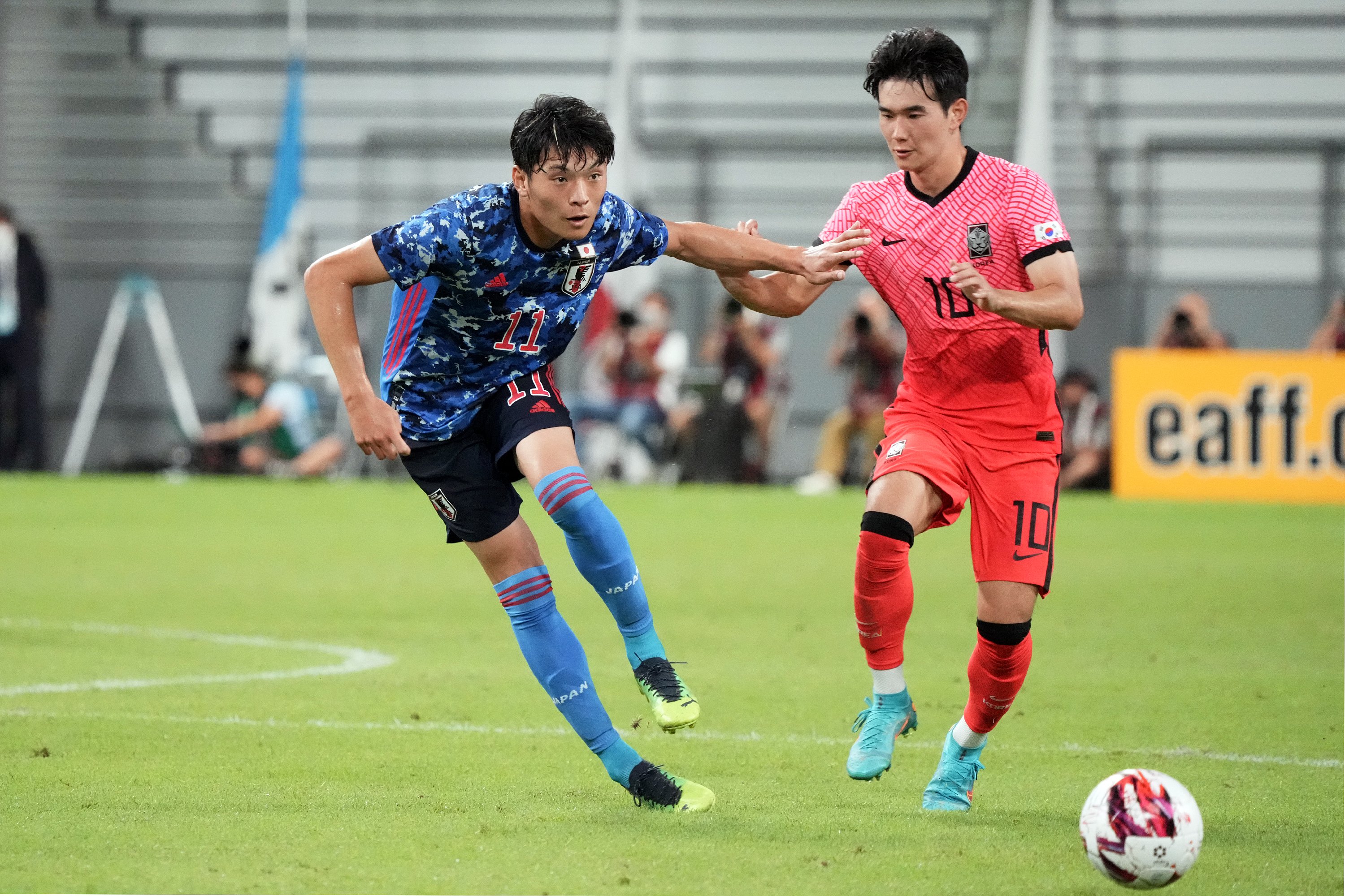町野修斗はE-1選手権で相馬勇紀と並ぶ3ゴールをあげ、大会得点王となった ©Koji Watanabe/Getty Images
