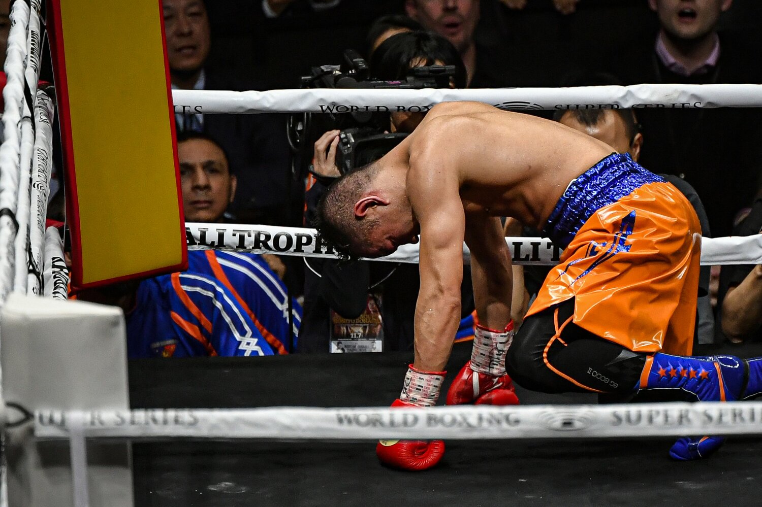 井上尚弥の左ボディで両手をついてダウンするノニト・ドネア　©Takuya Sugiyama