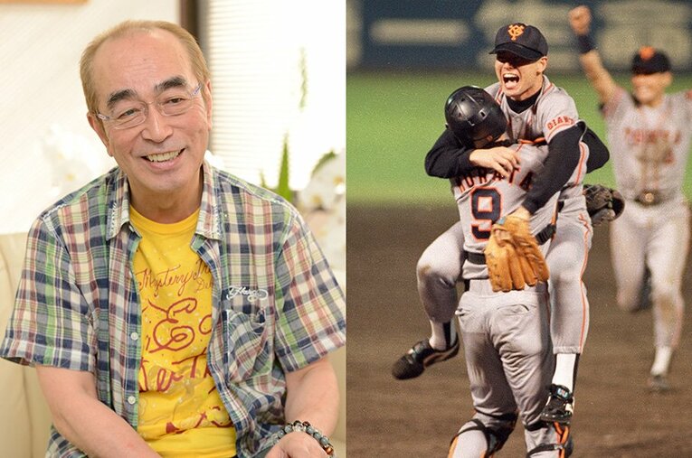 2020年3月29日に逝去した志村けんさん（左）。「10・8」決戦に勝利し、抱き合う巨人の桑田と村田。桑田にとって「ケンちゃん」といえば志村さんのことだった。 ／ photograph by Keiji Ishikawa,KYODO