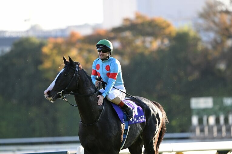 ポンポンとイクイノックスの首筋を撫で、快走をねぎらう　©Keiji Ishikawa