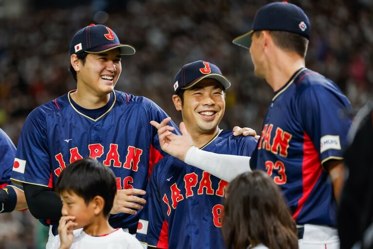 仲良しな3人コンビ（大谷・近藤・ヌートバー）　©Yuki Taguchi/WBCI/MLB Photos via Getty Images