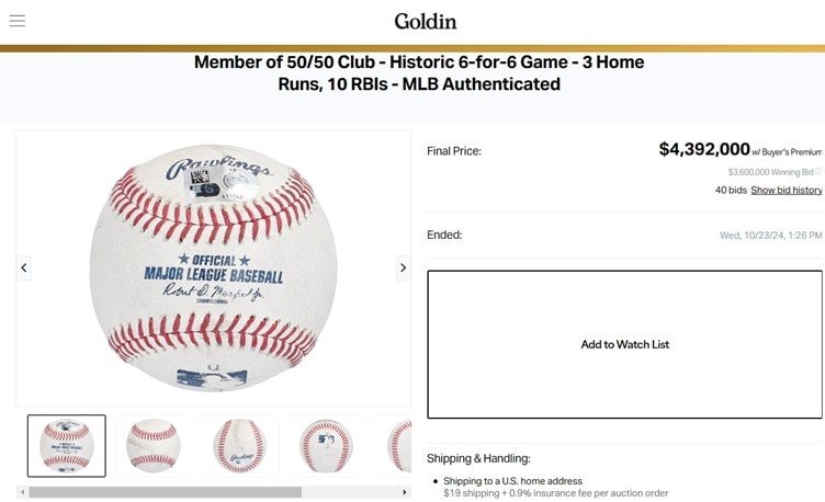 ホームランボールの落札価格最高値を更新した　※Goldinより
