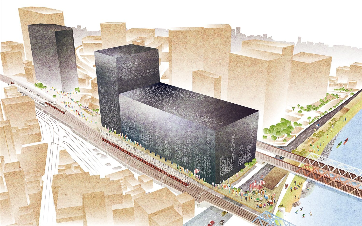 2030年の開業を目指している「川崎新！アリーナシティ・プロジェクト」。川崎ブレイブサンダースのホームとなる最大15,000人規模収容のアリーナを中心に、宿泊施設、飲食施設、アート空間、公園などを備えた複合エンターテインメント施設が誕生する