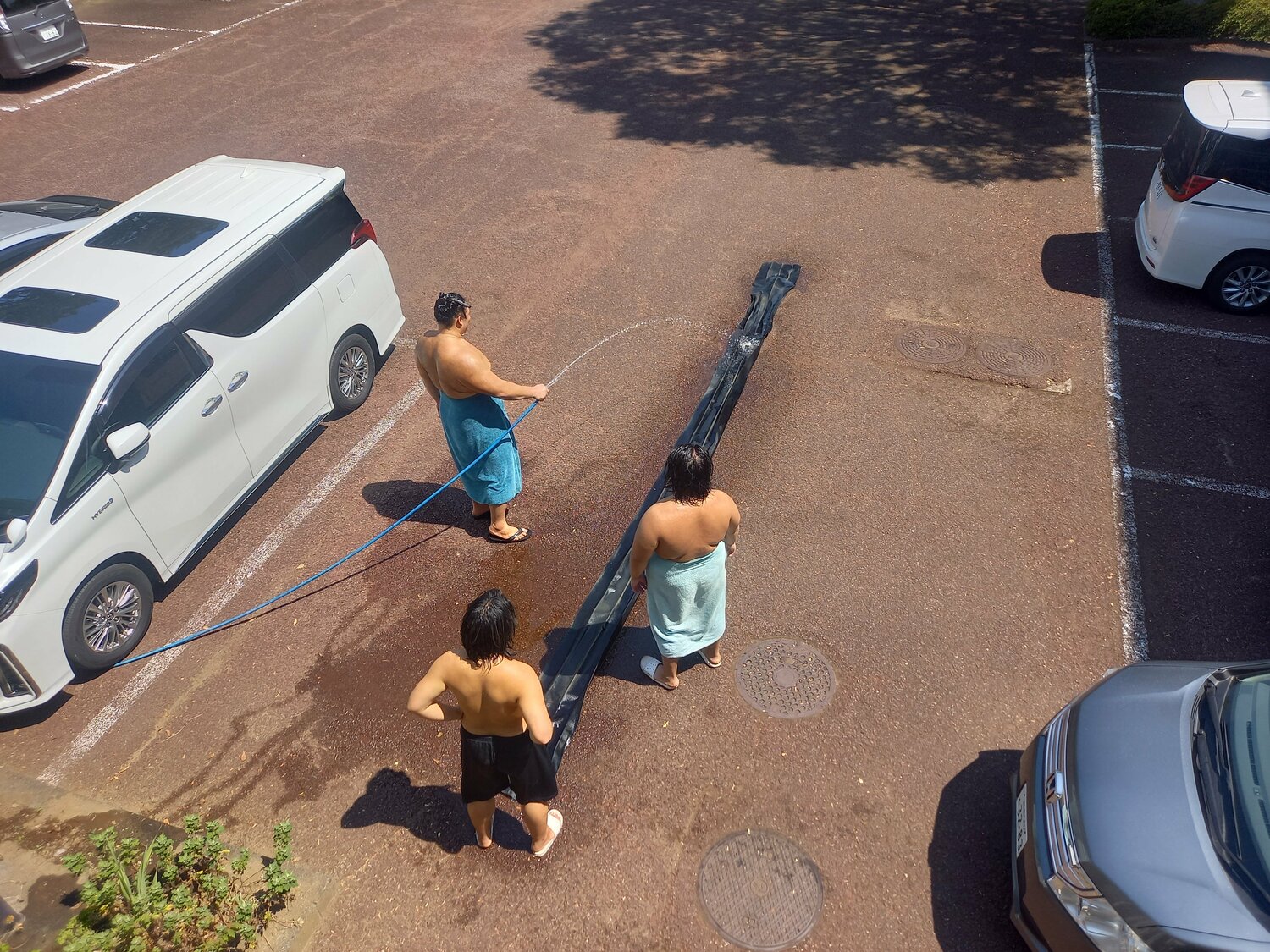 8月の平塚合宿で。稽古用の黒廻しを自ら手入れする朝乃山【1枚目/全2枚】 ©Shoko Sato