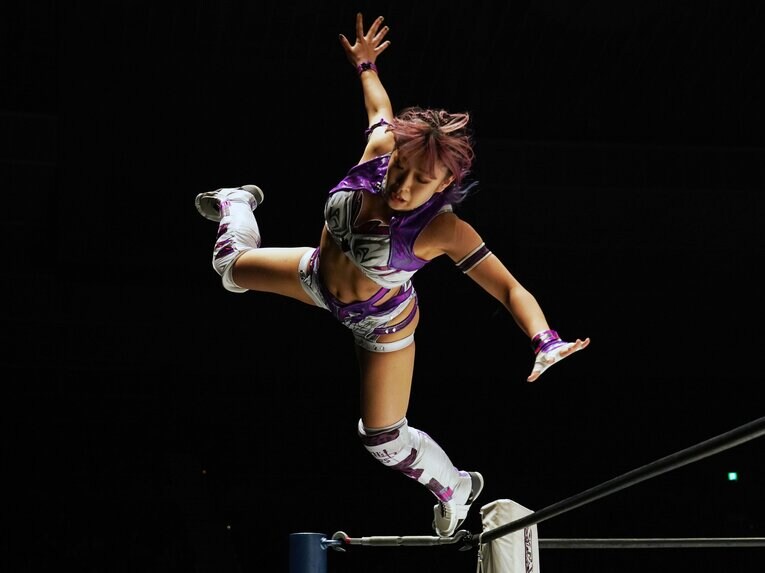 トップロープからの豪快な空中殺法