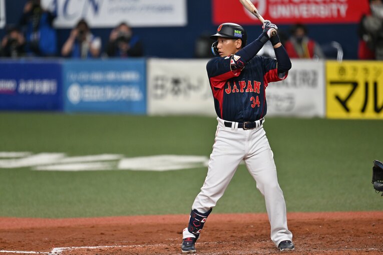 ３月7日の強化試合では不振の村上に代わって4番に入った吉田。WBC韓国戦では村上の後の5番で5打点の大活躍　©︎Naoya Sanuki