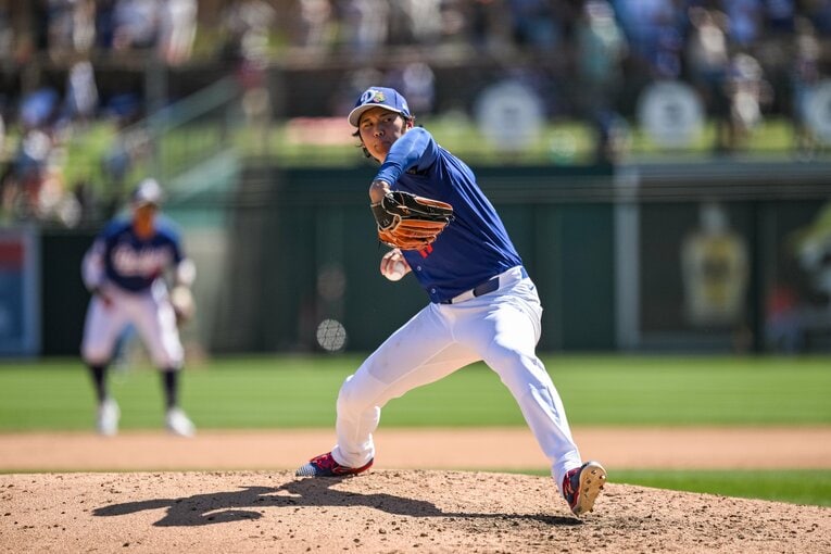 ドジャース合流後、18日にはさっそくオープン戦で登板した　©Nanae Suzuki