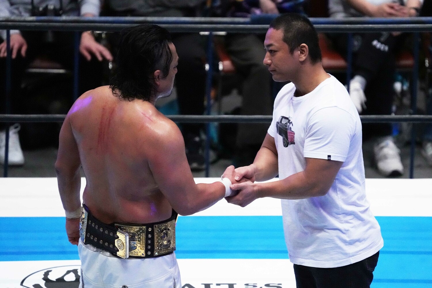 シカゴでの対戦が決まった後藤洋央紀と海野翔太 ©Essei Hara