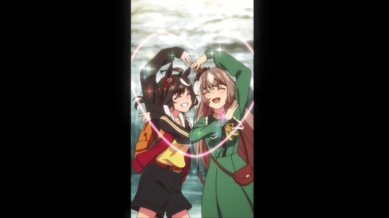 川沿いで写真を撮るキタサトペア　©2023 アニメ「ウマ娘 プリティーダービー Season 3」製作委員会