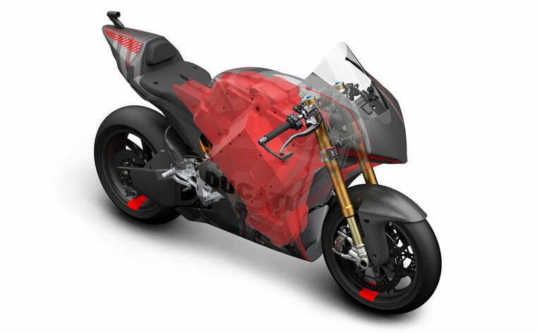 V21Lの透視図。赤い部分がバッテリーパックで、車体の大部分を占める　©Ducati