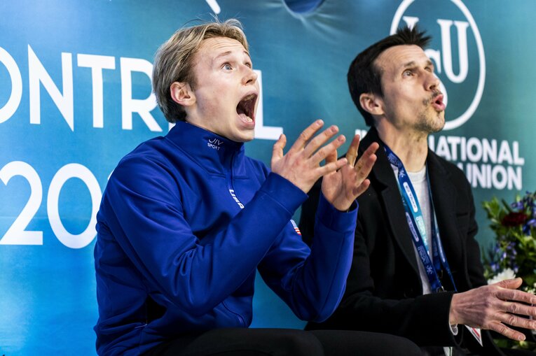 世界選手権フリーで歴代最高の227.79点をマークしたマリニン。本人もビックリの表情　©︎Getty Images