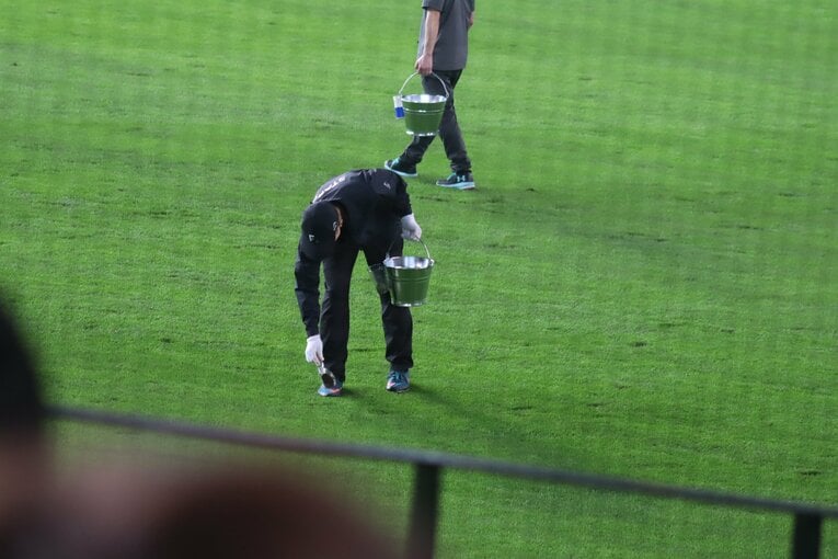 外野芝の手入れをするスタッフ  ©Kou Hiroo