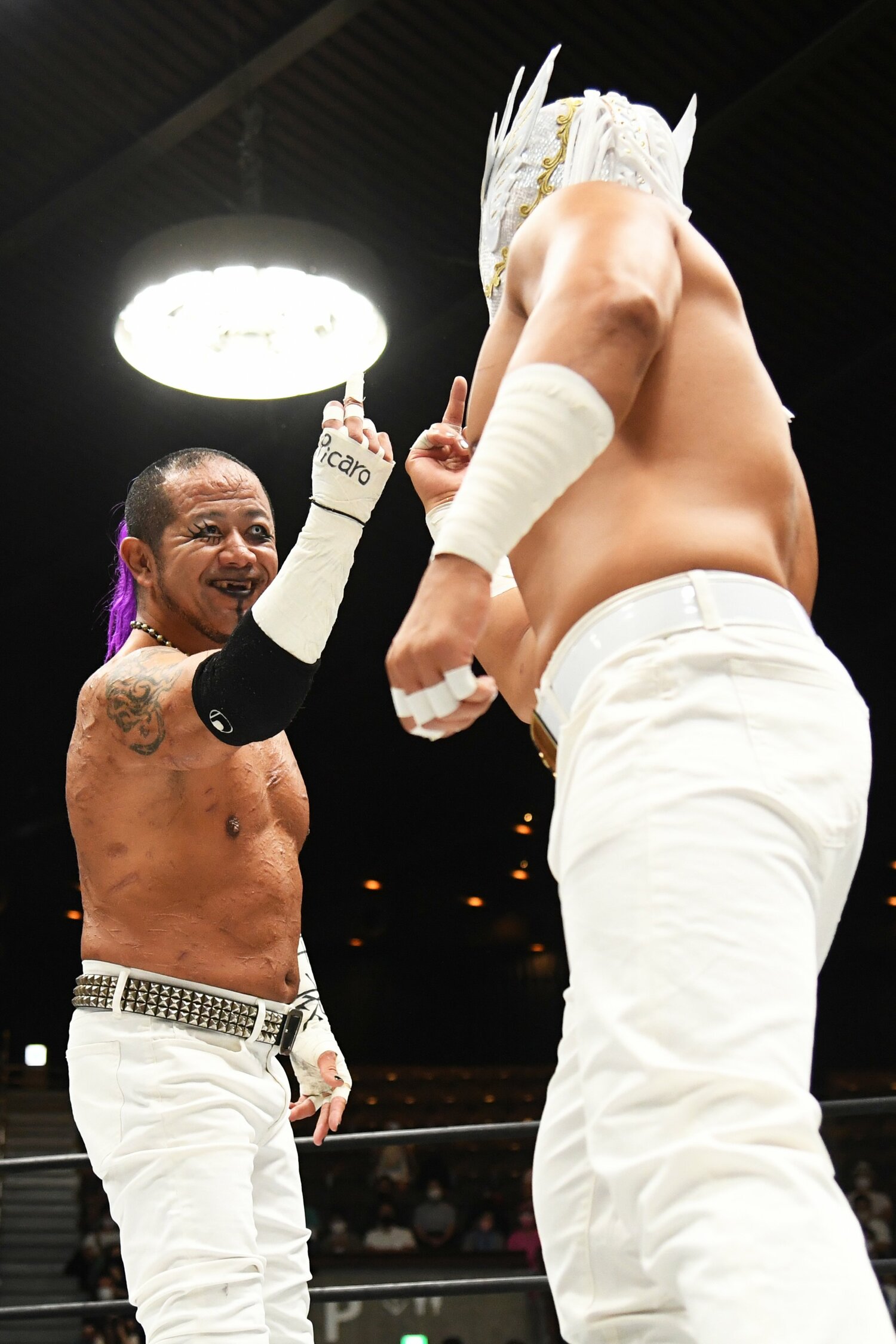 ゴングを前に中指を突き立て合う両者（クリックすると「この記事の写真」に飛びます。流血等の過激な写真を含みますのでご注意ください）