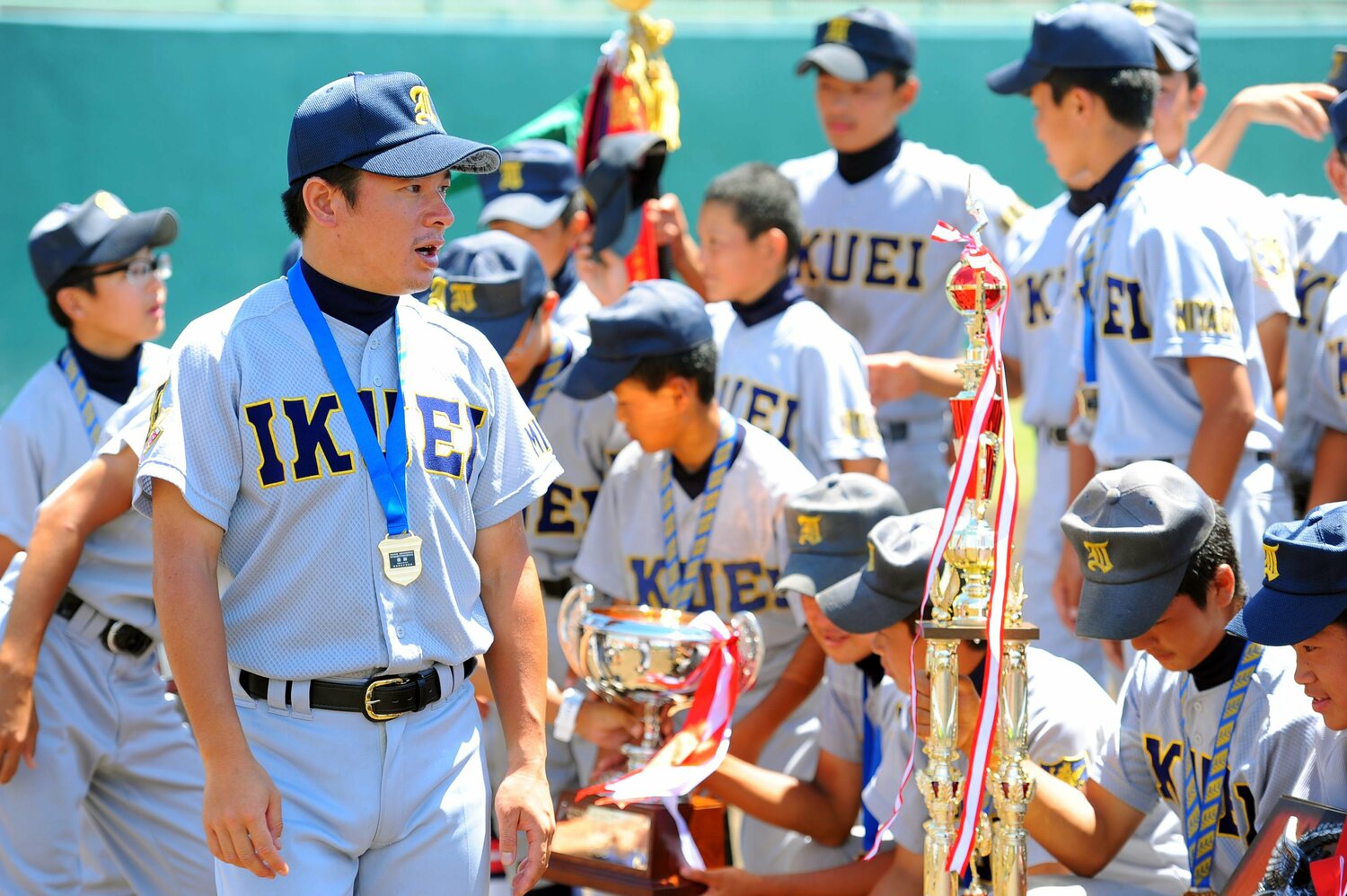 秀光中時代の須江監督。2006年から同中の監督に就任。写真は2014年、全中で優勝したとき ©AFLO