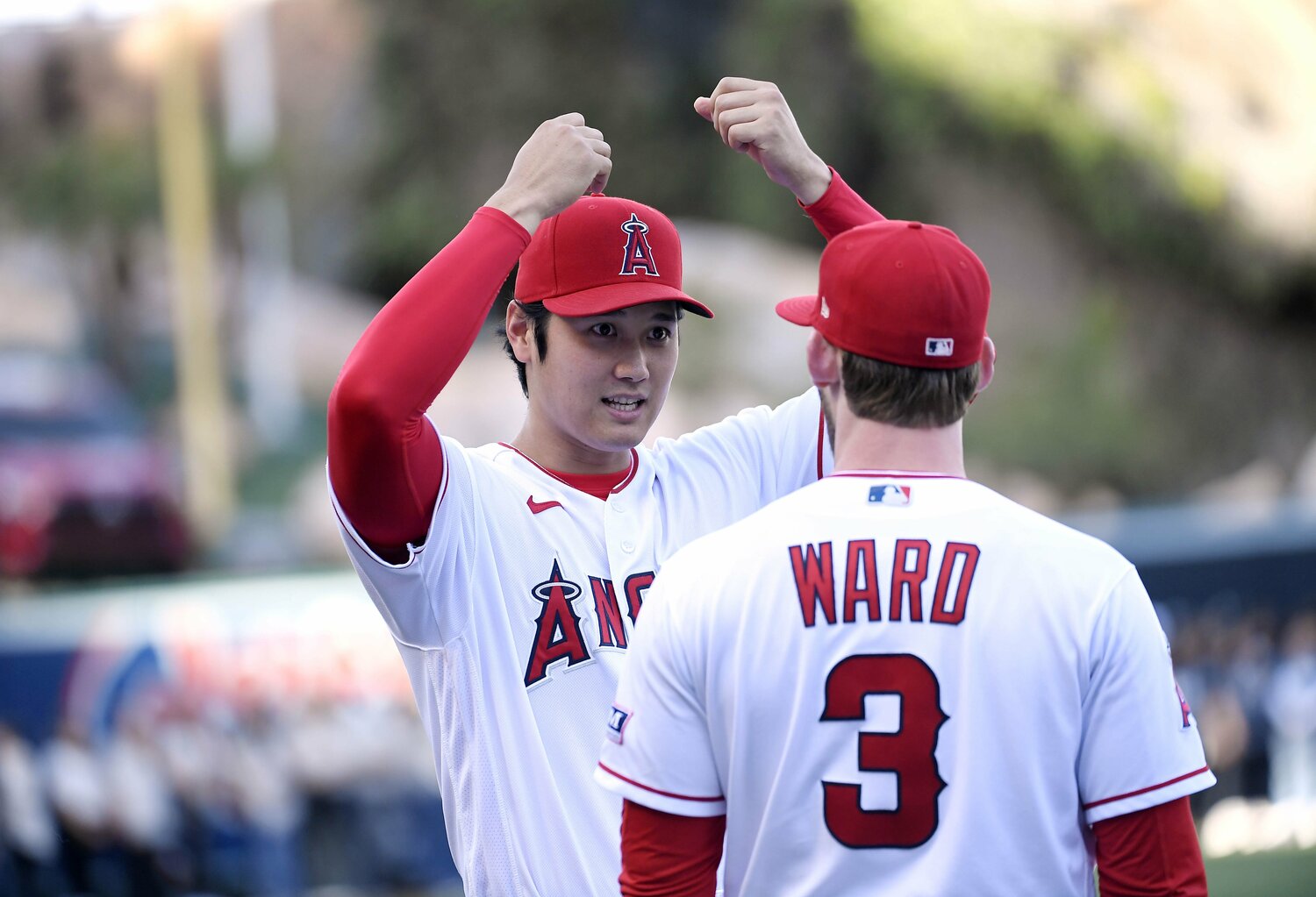 身振り手振りを交えてウォードと話し込む大谷翔平 ©Getty Images