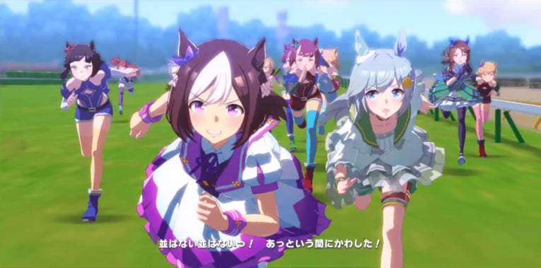 レース展開が完璧に再現されているのが分かる。先頭スペシャルウィーク、2番手セイウンスカイ、キングヘイロー（右から2）は直線伸びず（実際にプレーして撮影）